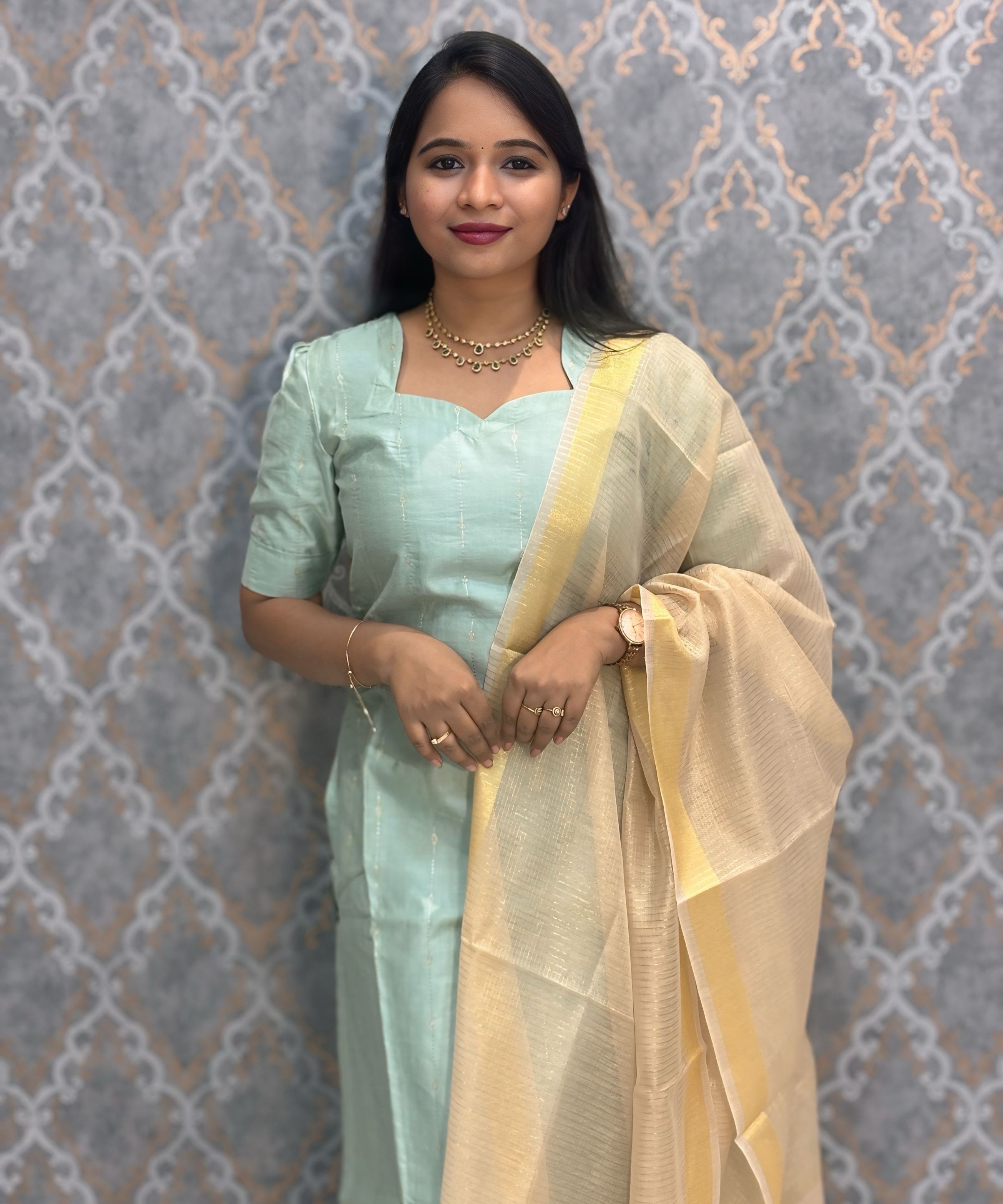 French Green Color Premium Handloom Raw Silk Kurti and Dupatta / PC012