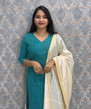 Peacock Green Color Premium Handloom Silk Cotton Kurti and Dupatta / PC006