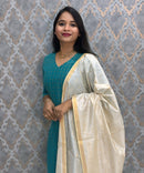 Peacock Green Color Premium Handloom Silk Cotton Kurti and Dupatta / PC006