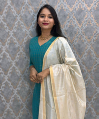 Peacock Green Color Premium Handloom Silk Cotton Kurti and Dupatta / PC006