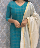 Peacock Green Color Premium Handloom Silk Cotton Kurti and Dupatta / PC006