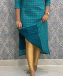 Peacock Green Color Premium Handloom Silk Cotton Kurti and Dupatta / PC006