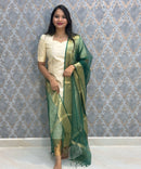 Cream and Green Color Premium Handloom Raw Silk Kurti and Dupatta / PC007