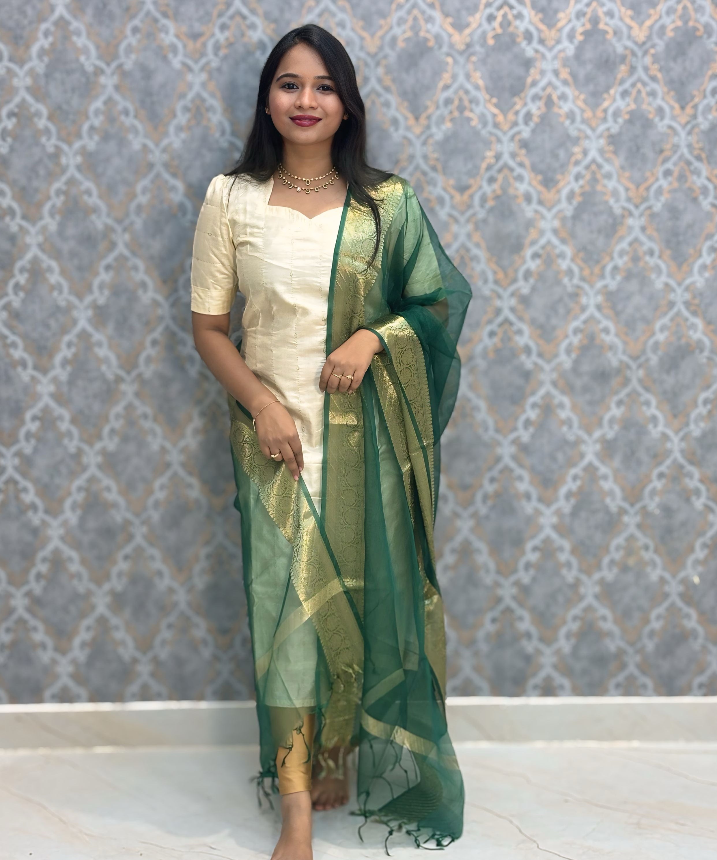 Cream and Green Color Premium Handloom Raw Silk Kurti and Dupatta / PC007