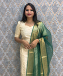 Cream and Green Color Premium Handloom Raw Silk Kurti and Dupatta / PC007