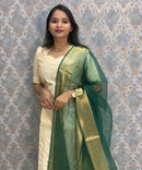 Cream and Green Color Premium Handloom Raw Silk Kurti and Dupatta / PC007