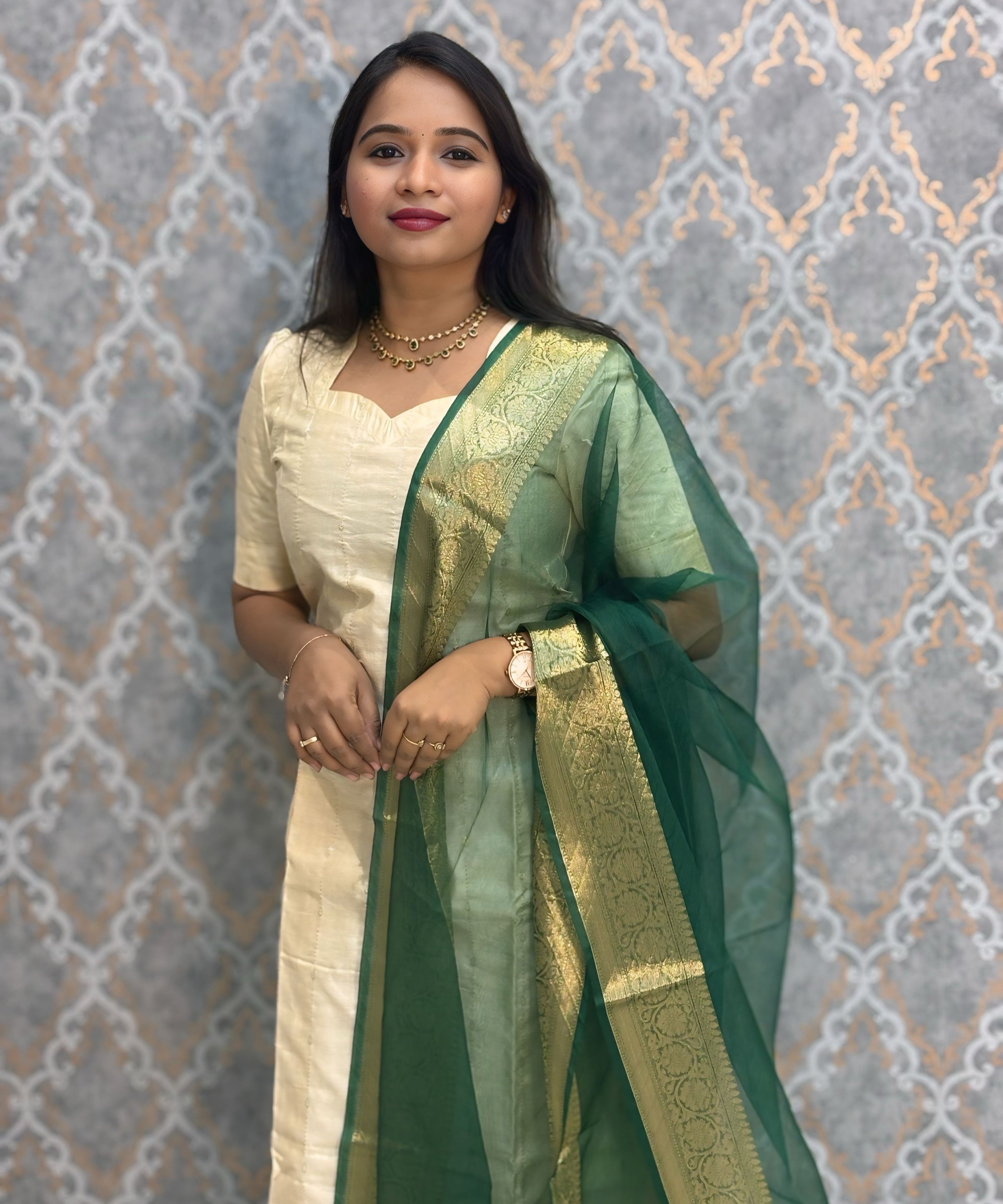 Cream and Green Color Premium Handloom Raw Silk Kurti and Dupatta / PC007