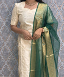 Cream and Green Color Premium Handloom Raw Silk Kurti and Dupatta / PC007