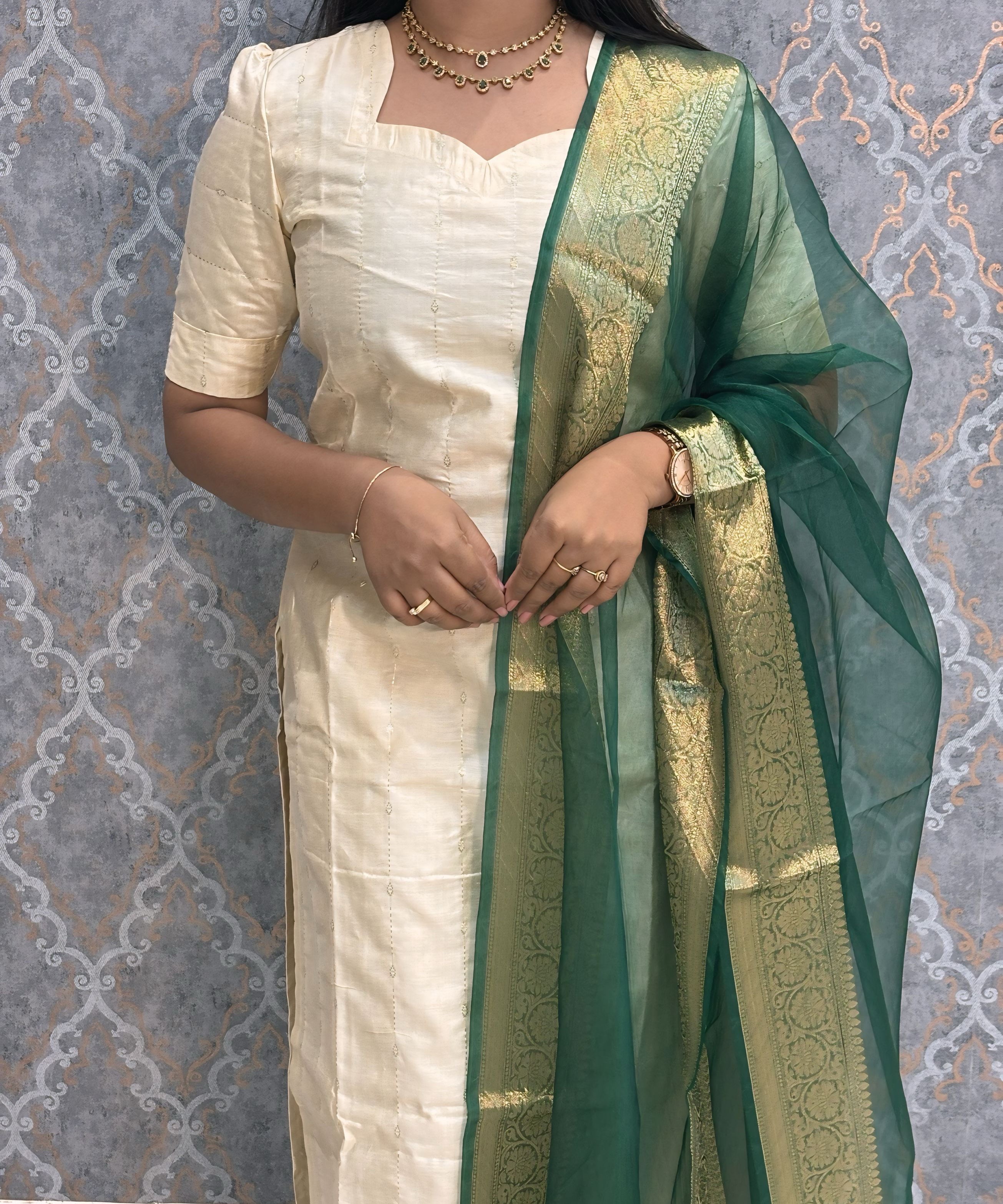 Cream and Green Color Premium Handloom Raw Silk Kurti and Dupatta / PC007