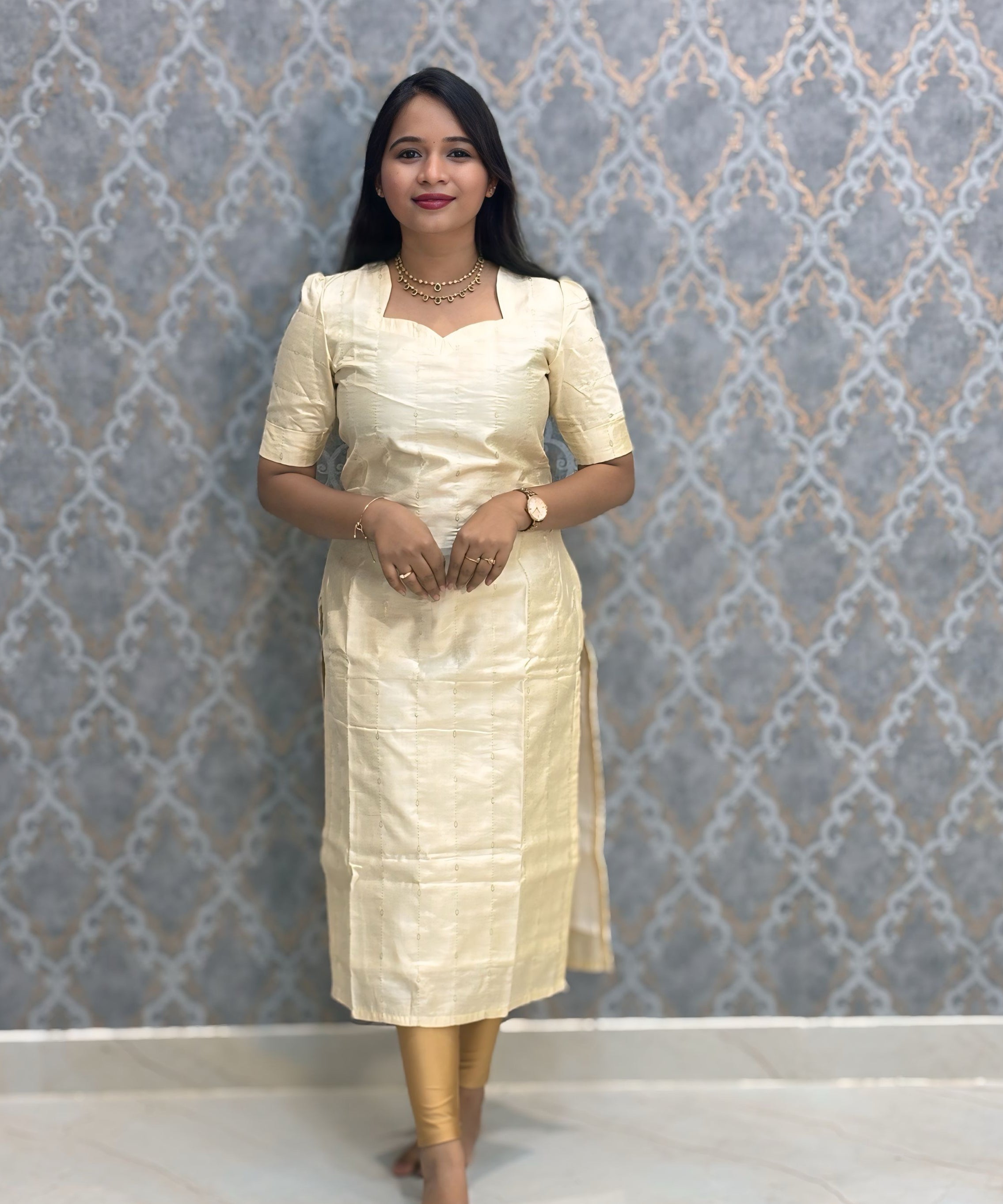 Cream and Green Color Premium Handloom Raw Silk Kurti and Dupatta / PC007