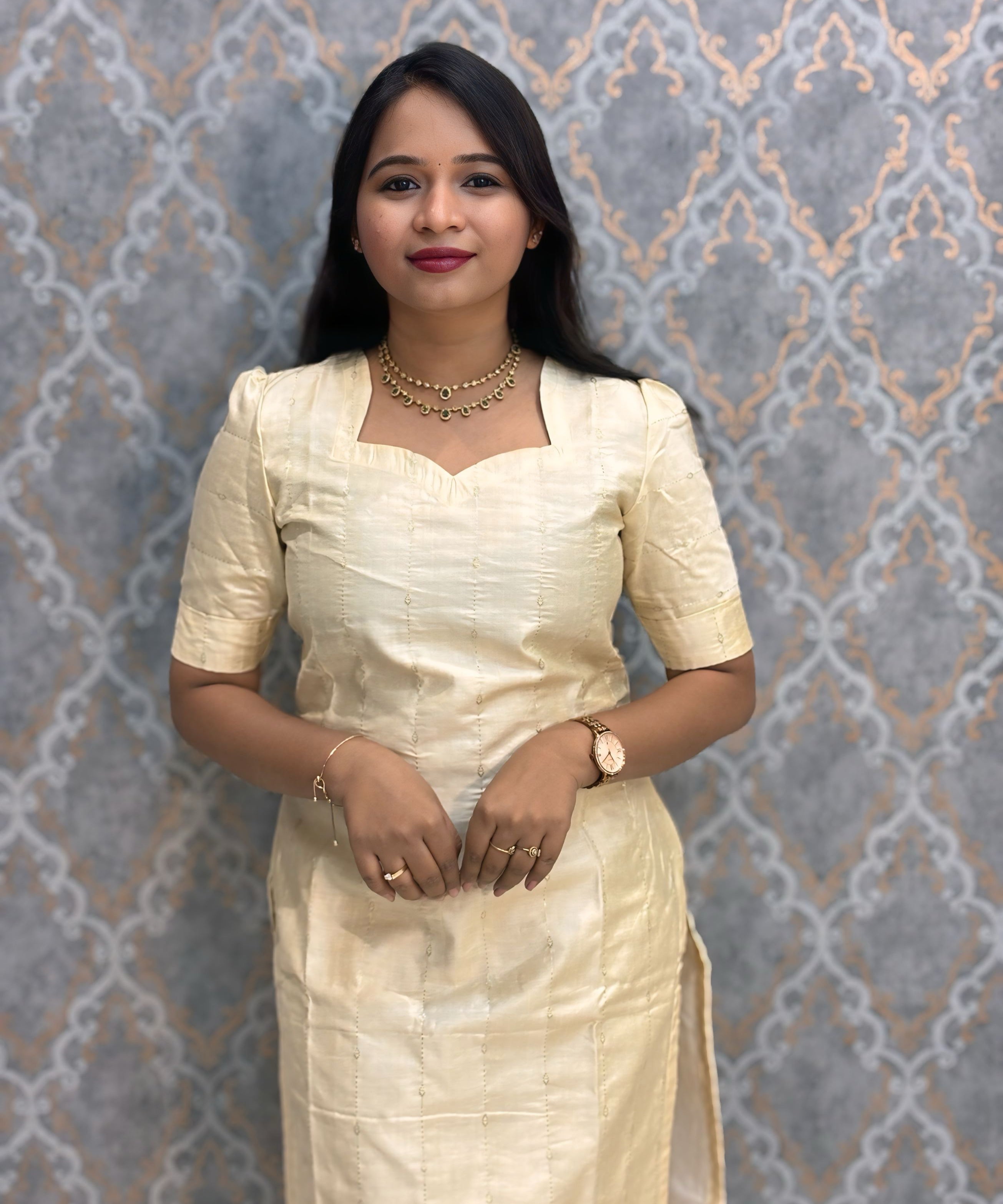 Cream and Green Color Premium Handloom Raw Silk Kurti and Dupatta / PC007