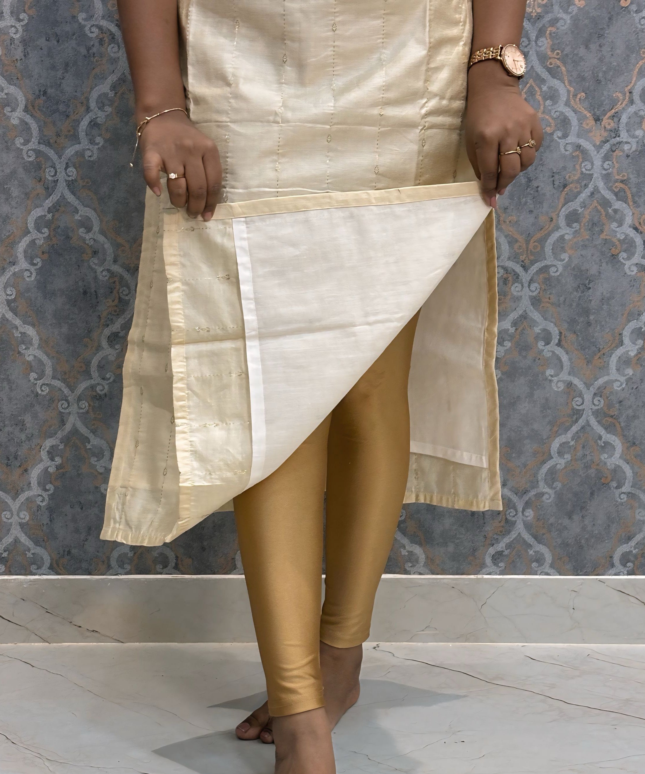 Cream and Green Color Premium Handloom Raw Silk Kurti and Dupatta / PC007