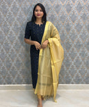 Black Color Premium Handloom Raw Silk Kurti and Dupatta / PC008
