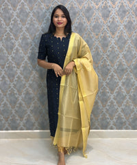 Black Color Premium Handloom Raw Silk Kurti and Dupatta / PC008