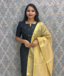 Black Color Premium Handloom Raw Silk Kurti and Dupatta / PC010