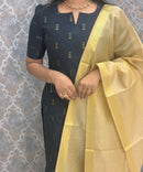 Black Color Premium Handloom Raw Silk Kurti and Dupatta / PC010