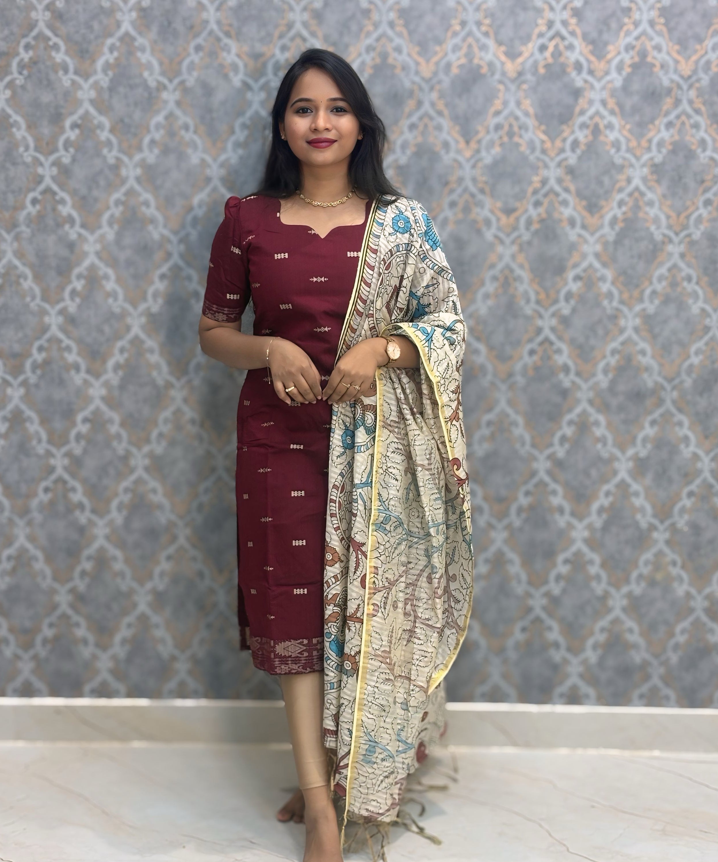 Maroon Color Premium Handloom Raw Silk Kurti and Dupatta / PC009