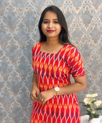 Red, Blue and Yellow Tricolor Premium Ikkat Cotton Short Sleeve Kurti with Pocket / LSS181