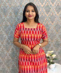Red, Blue and Yellow Tricolor Premium Ikkat Cotton Short Sleeve Kurti with Pocket / LSS181