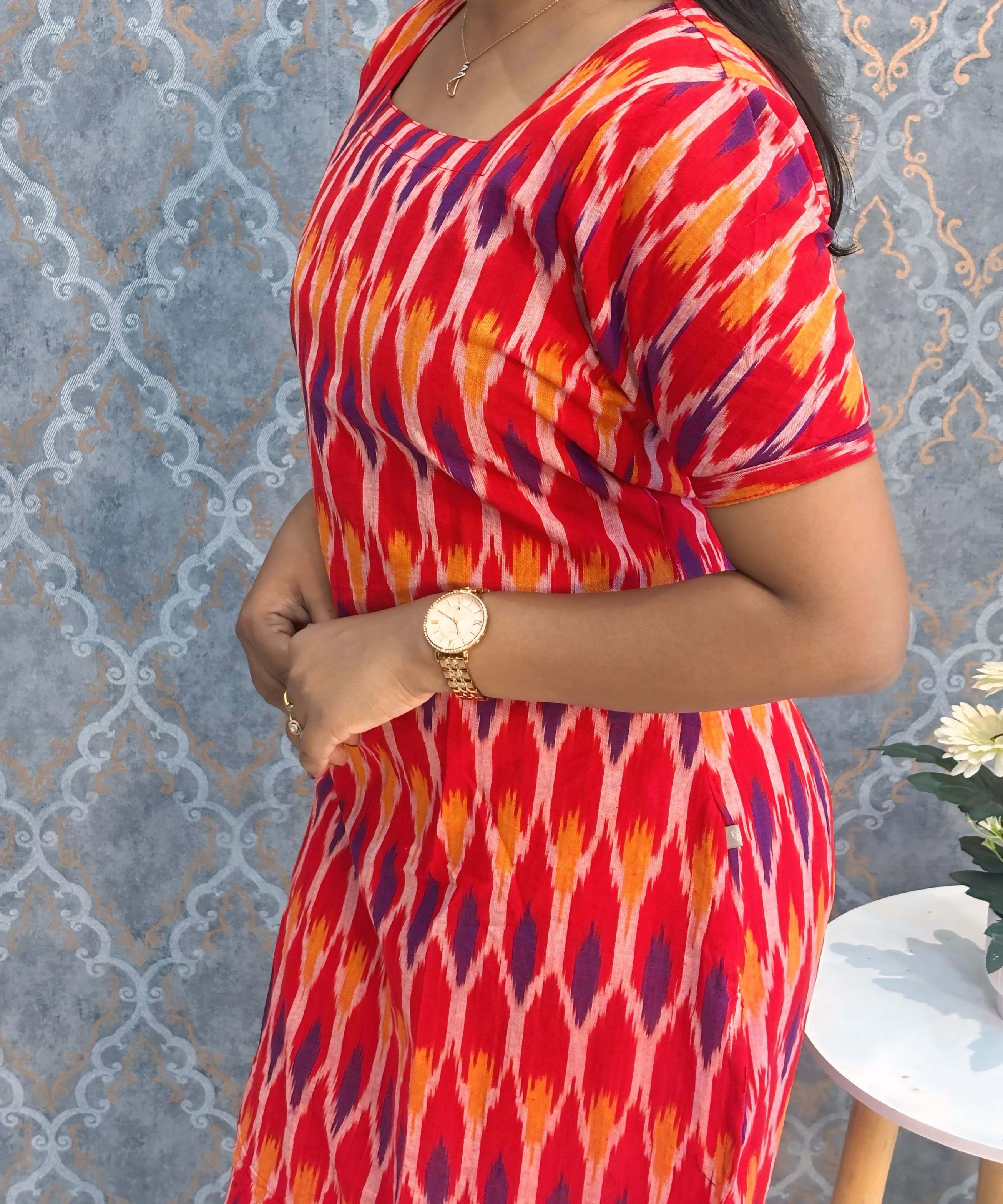 Red, Blue and Yellow Tricolor Premium Ikkat Cotton Short Sleeve Kurti with Pocket / LSS181