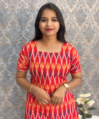 Red, Blue and Yellow Tricolor Premium Ikkat Cotton Short Sleeve Kurti with Pocket / LSS181