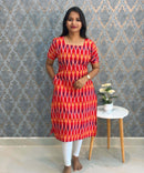 Red, Blue and Yellow Tricolor Premium Ikkat Cotton Short Sleeve Kurti with Pocket / LSS181