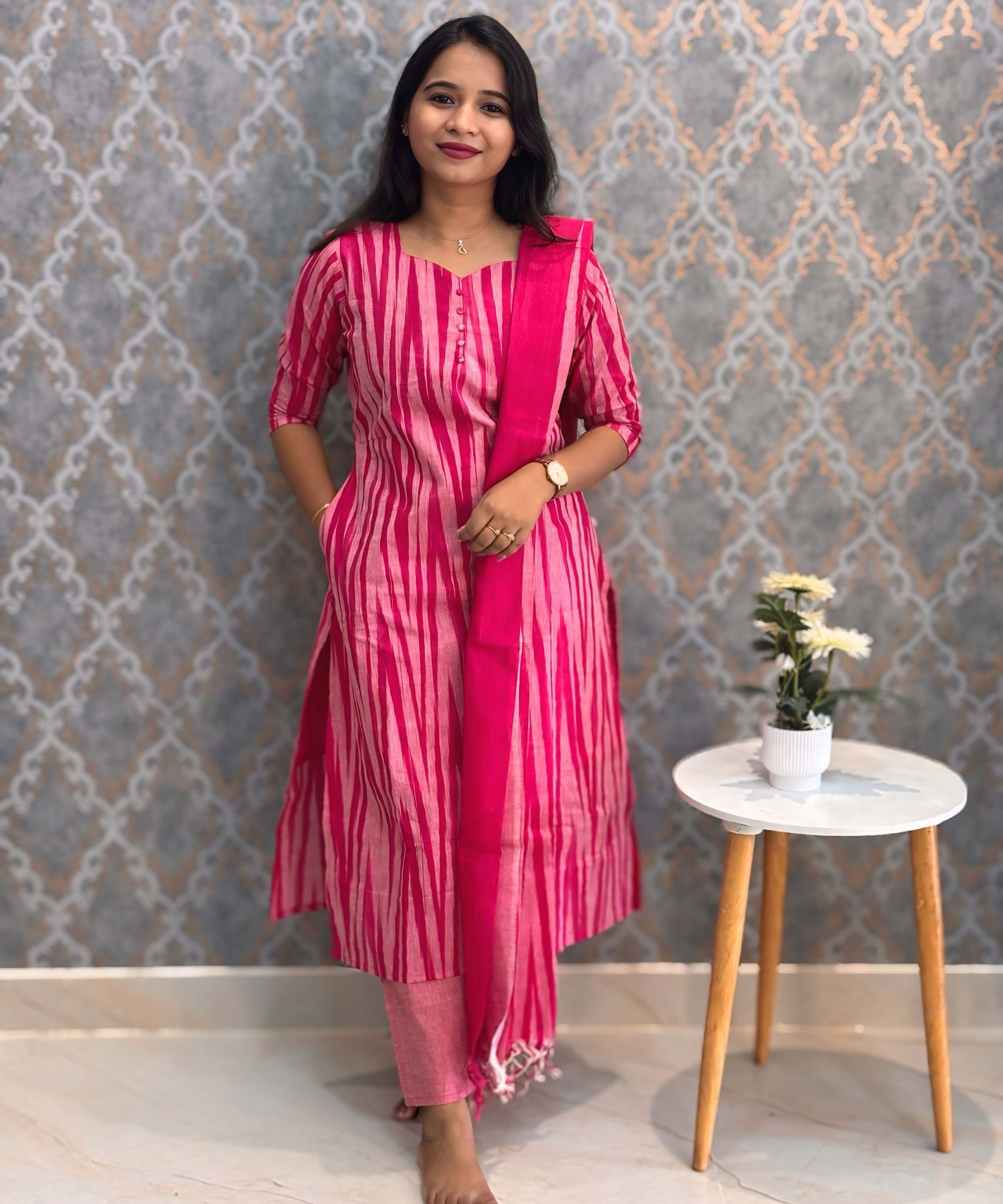 Reddish Pink Color Premium Ikkat Cotton salwar Set with Pocket / LSS197