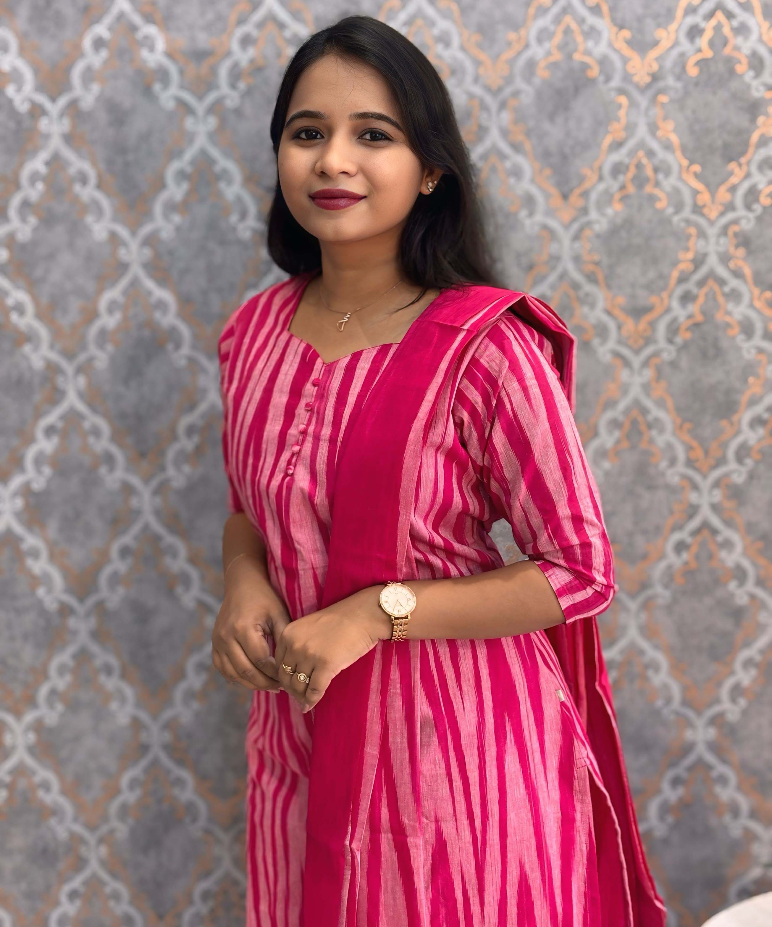 Reddish Pink Color Premium Ikkat Cotton salwar Set with Pocket / LSS197