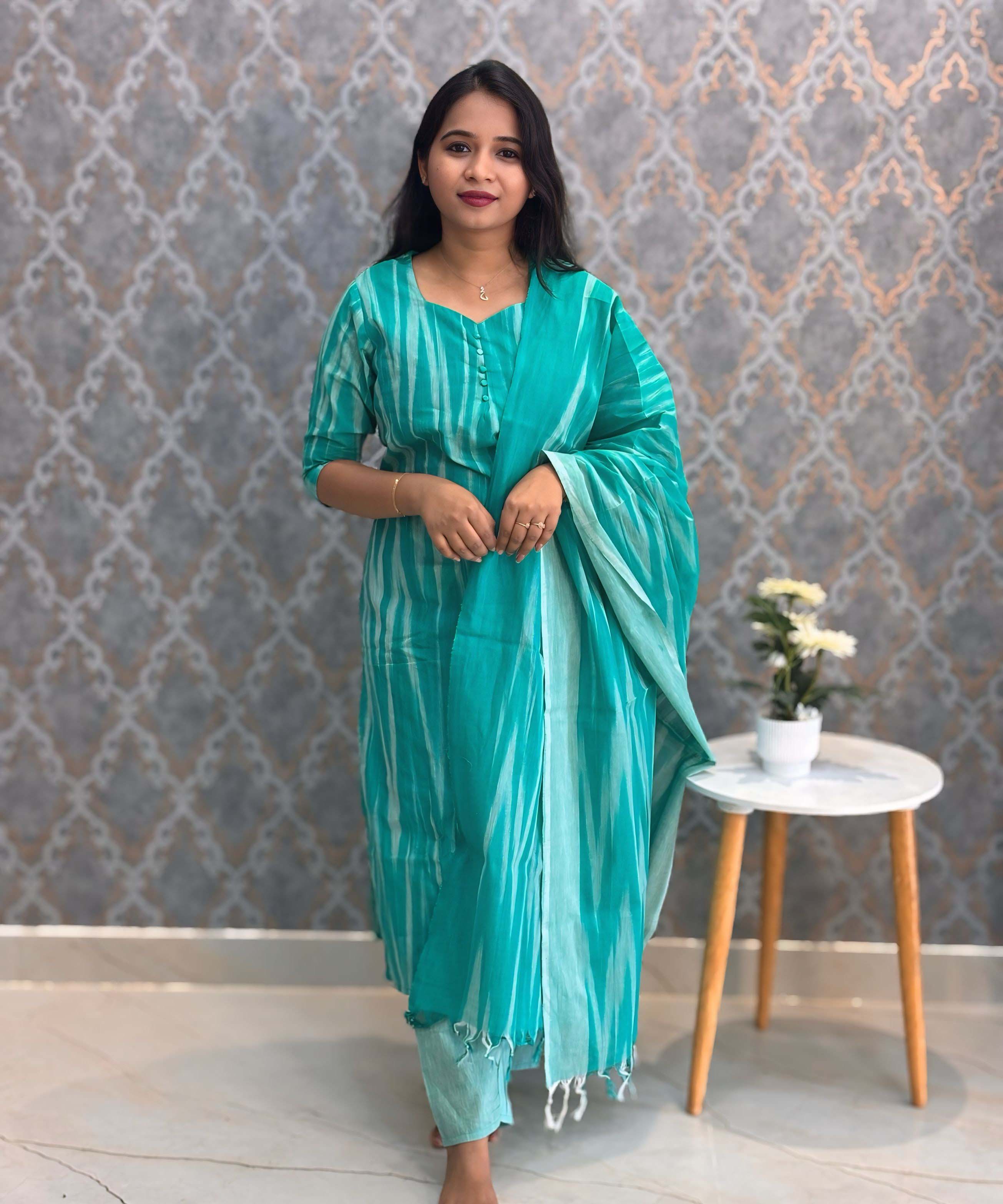 Lite Green Color Premium Ikkat Cotton salwar Set with Pocket / LSS197