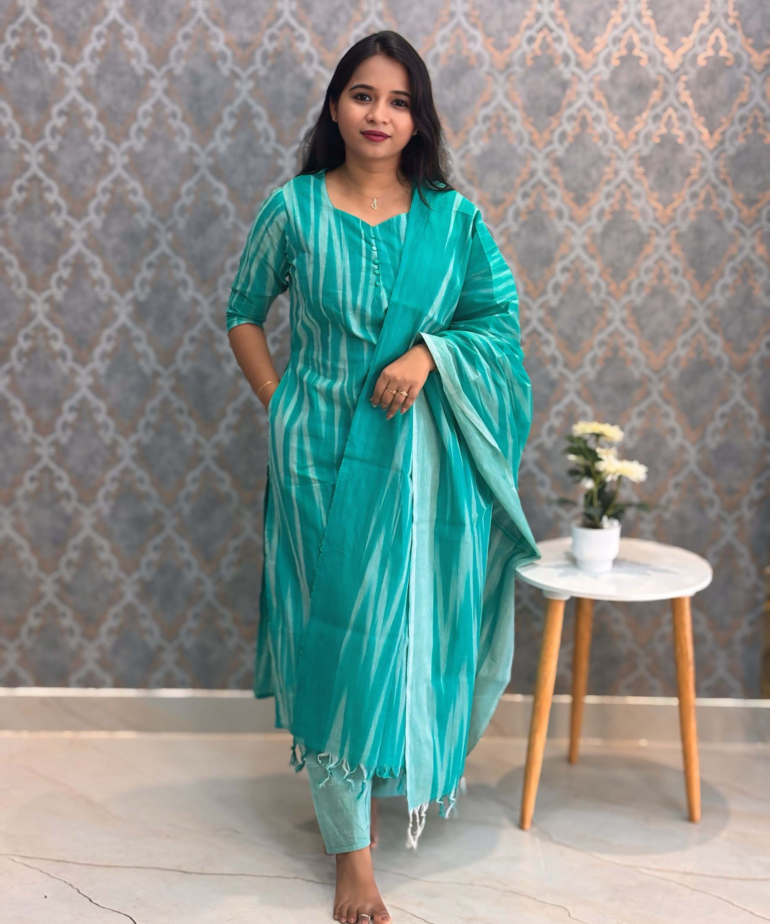Lite Green Color Premium Ikkat Cotton salwar Set with Pocket / LSS197