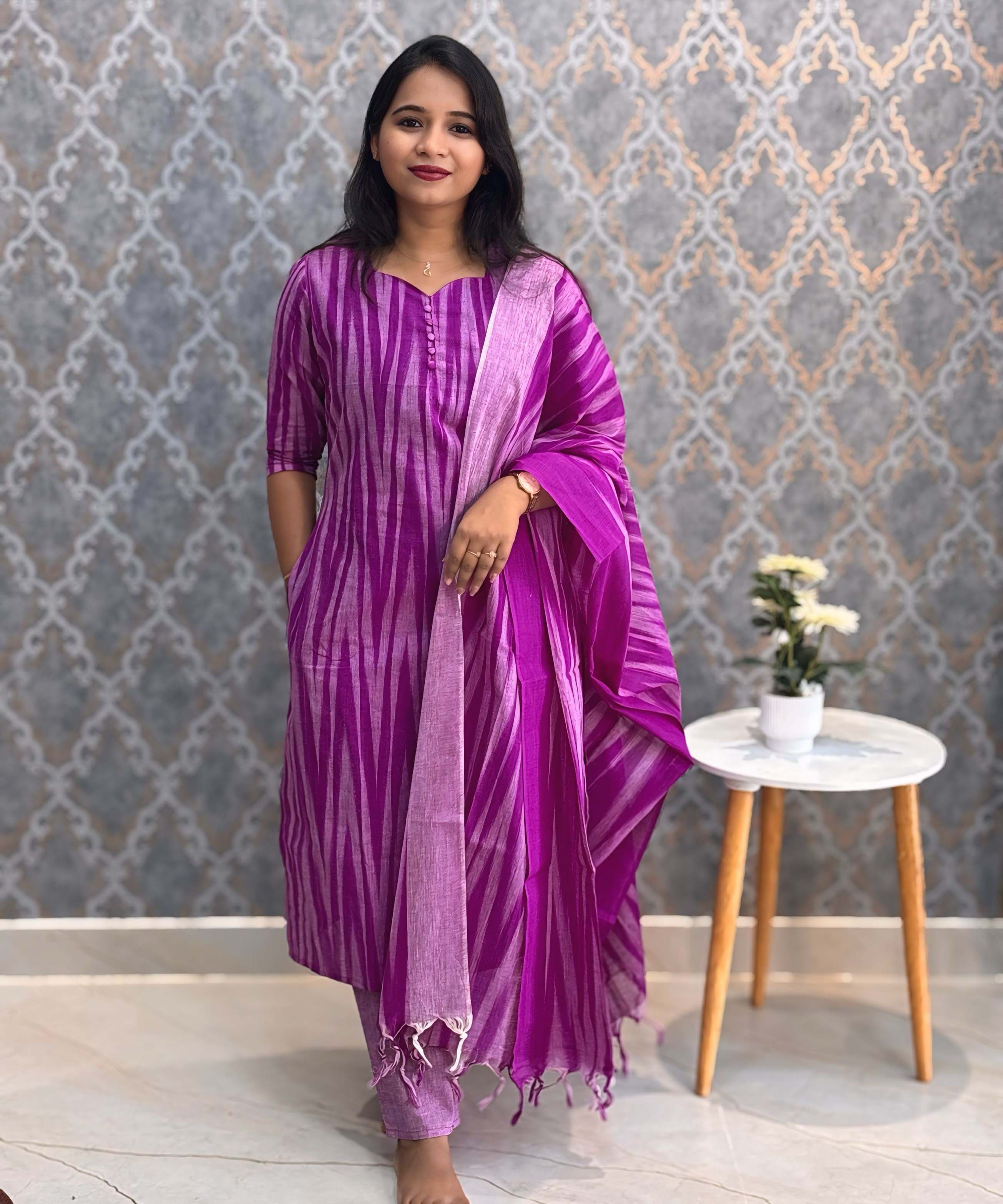 Dark Purple Color Premium Ikkat Cotton salwar Set with Pocket / LSS197