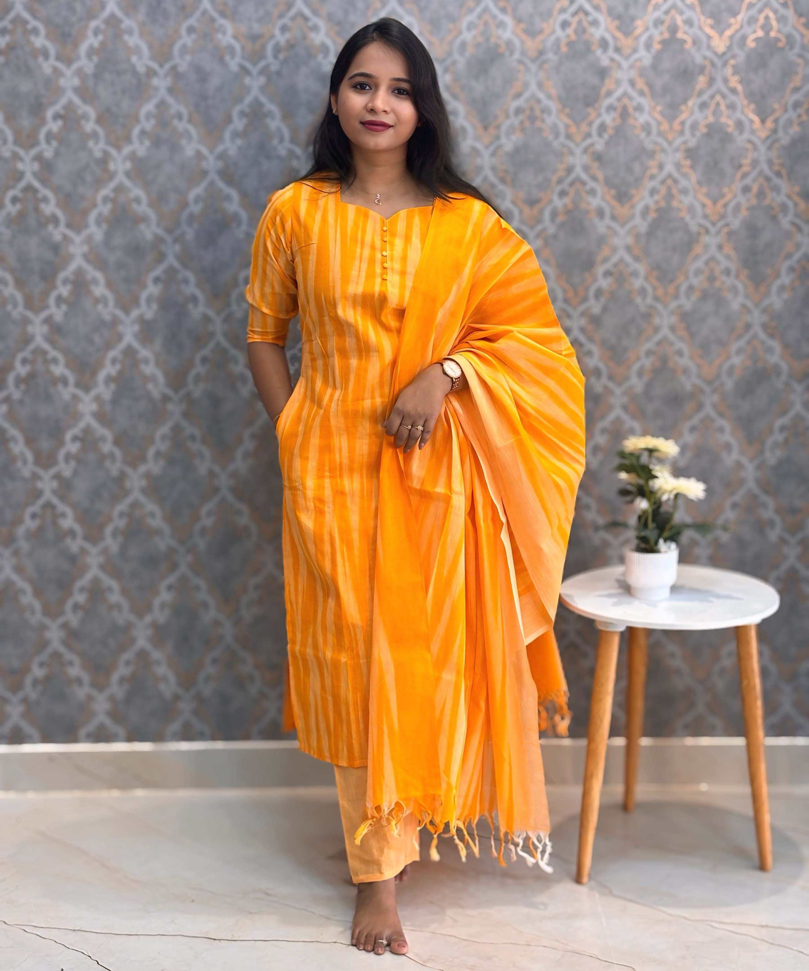 Yellow Color Premium Ikkat Cotton salwar Set with Pocket / LSS197