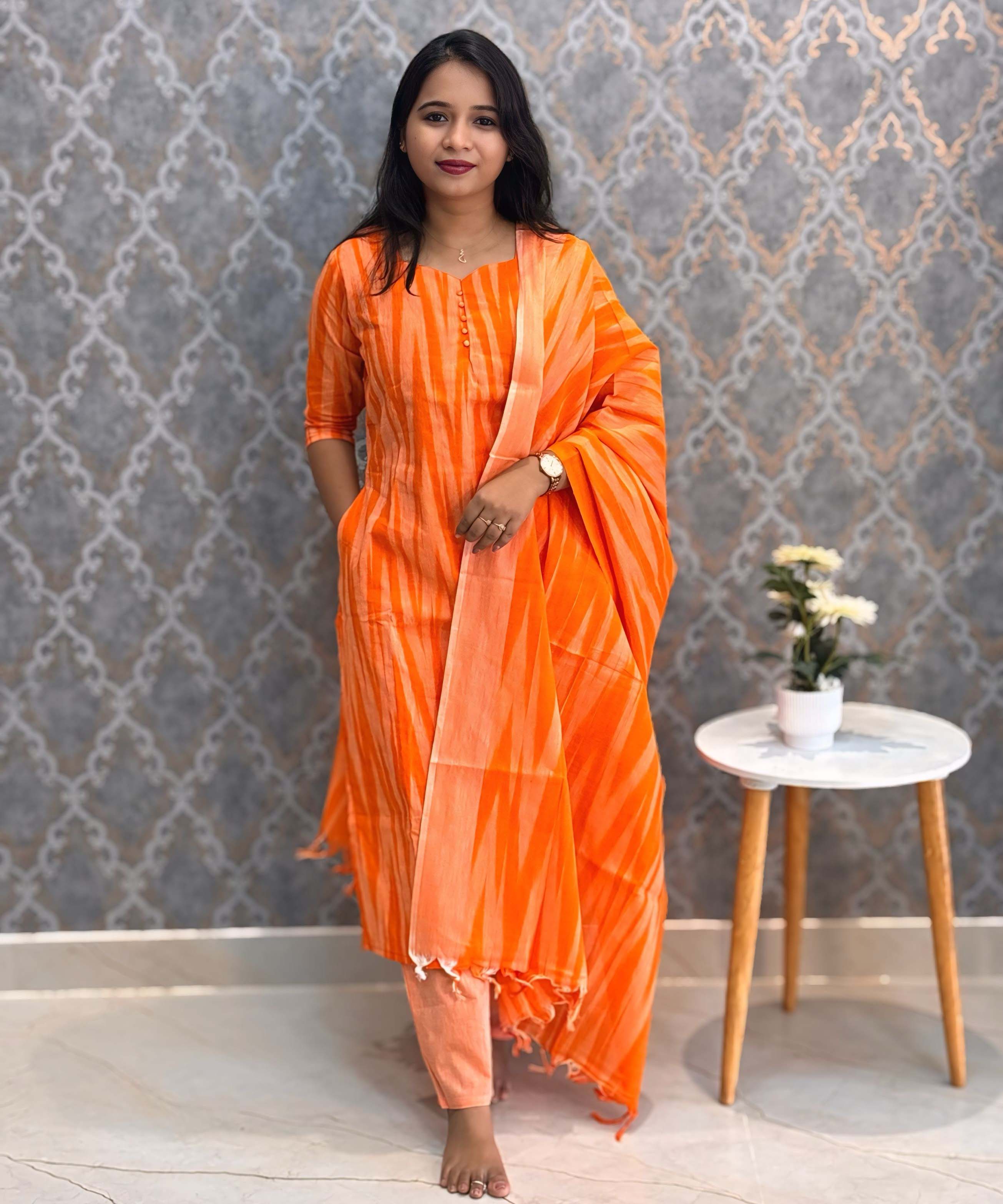 Orange Color Premium Ikkat Cotton salwar Set with Pocket / LSS197