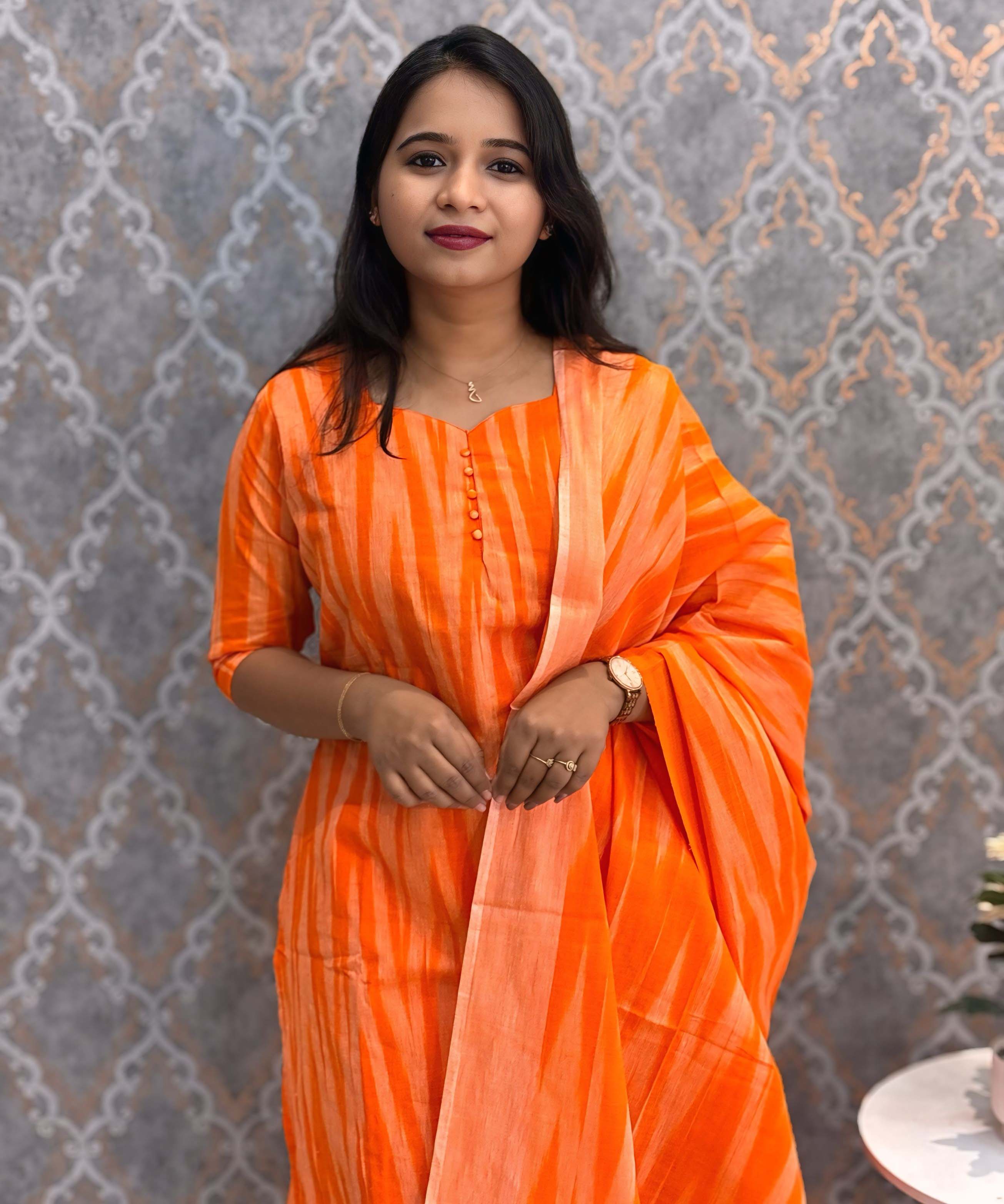 Orange Color Premium Ikkat Cotton salwar Set with Pocket / LSS197