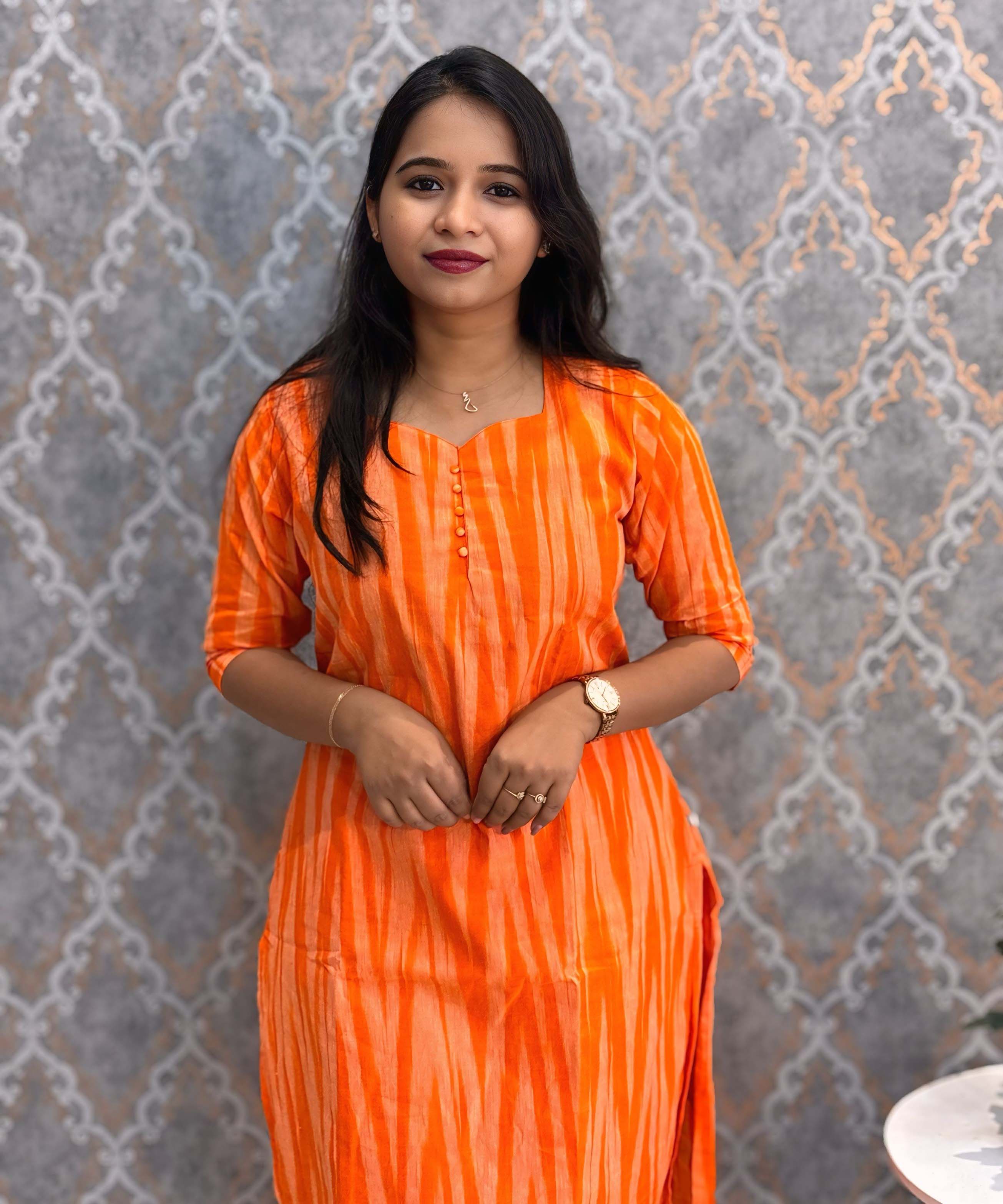 Orange Color Premium Ikkat Cotton salwar Set with Pocket / LSS197