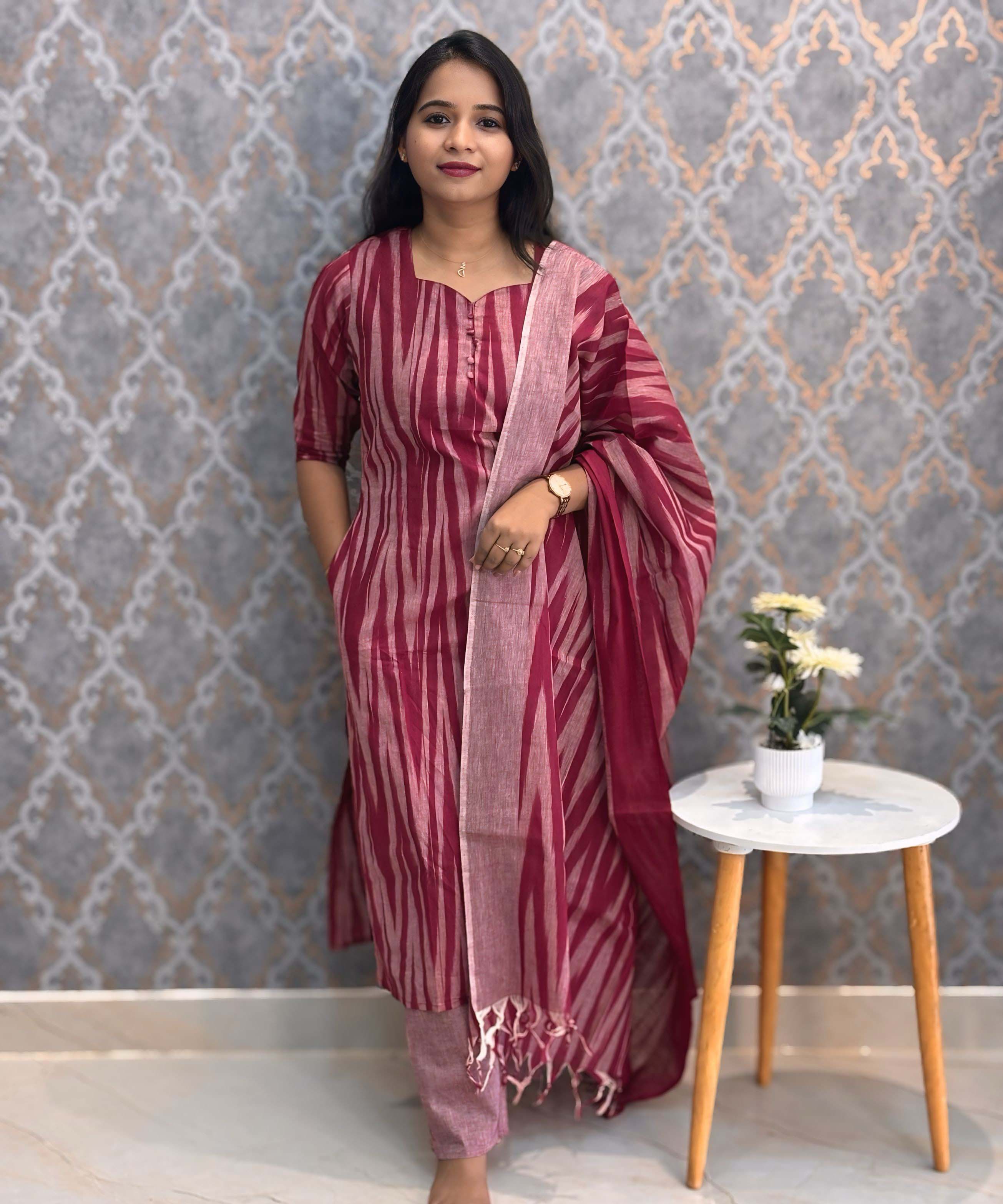 Maroon Color Premium Ikkat Cotton salwar Set with Pocket / LSS197