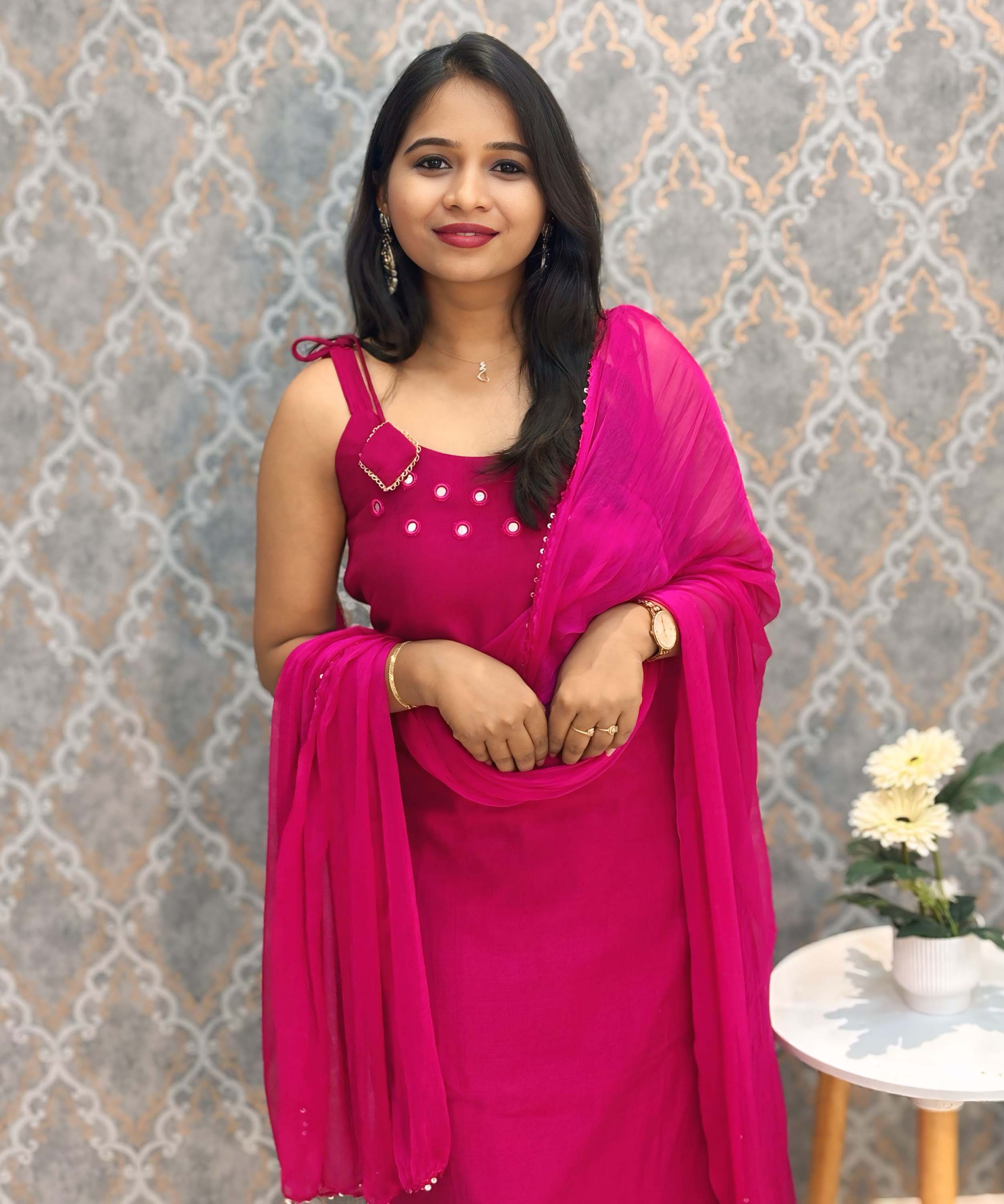 Rani Pink Color Premium Indo-Western Sleeveless 3 Piece Salwar Set / ESS323