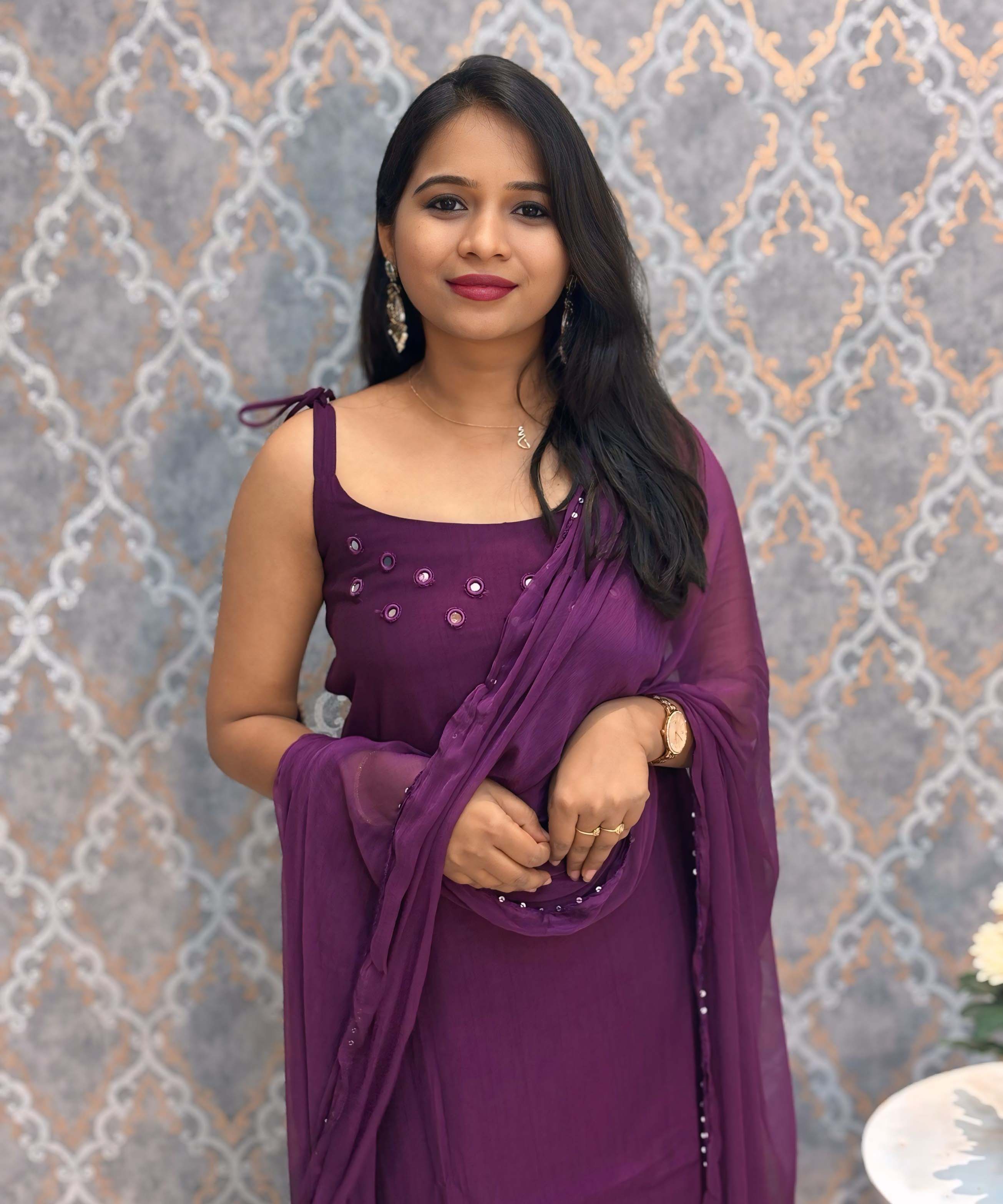 Dark Wine Color Premium Indo-Western Sleeveless 3 Piece Salwar Set / ESS323