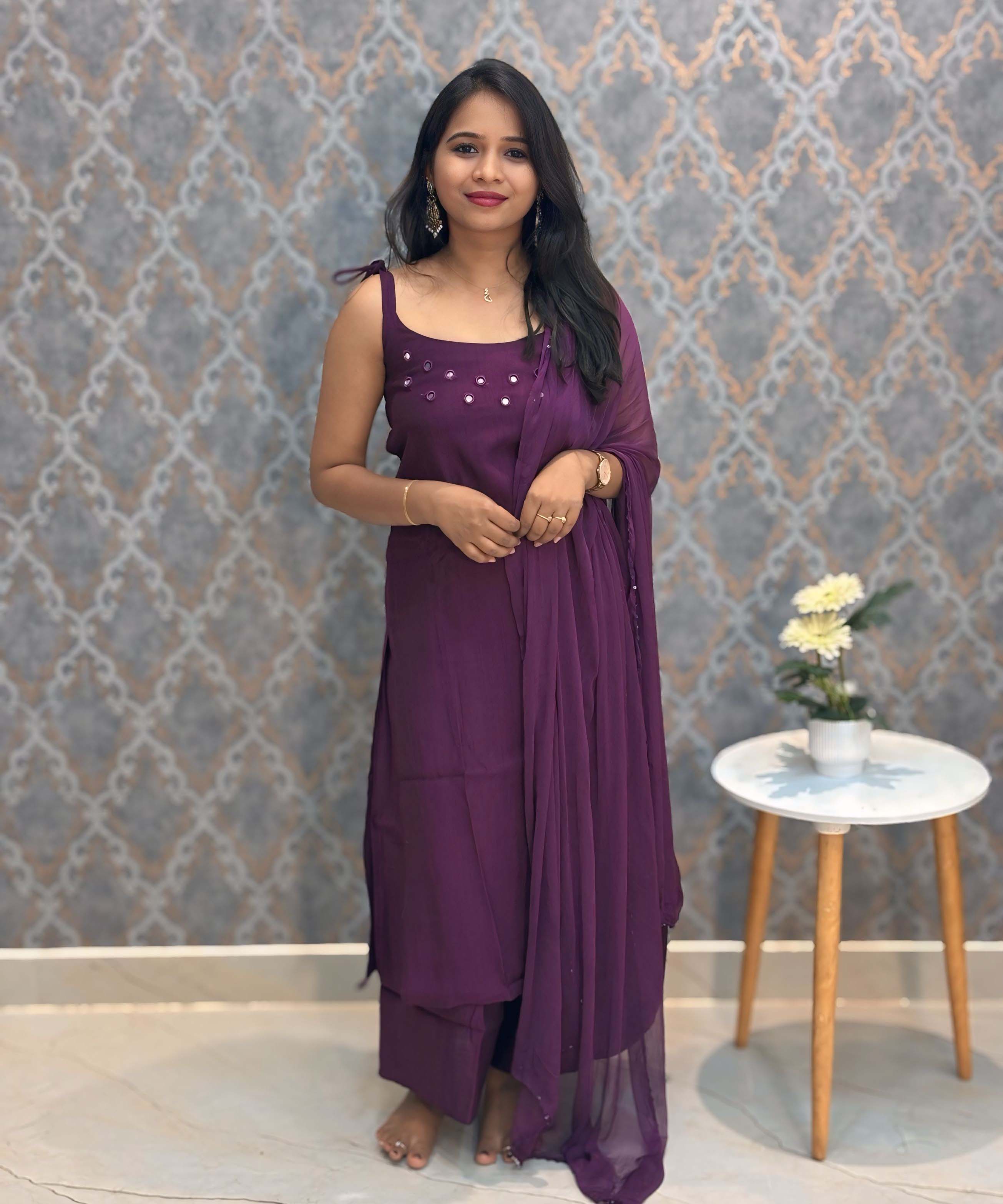 Dark Wine Color Premium Indo-Western Sleeveless 3 Piece Salwar Set / ESS323