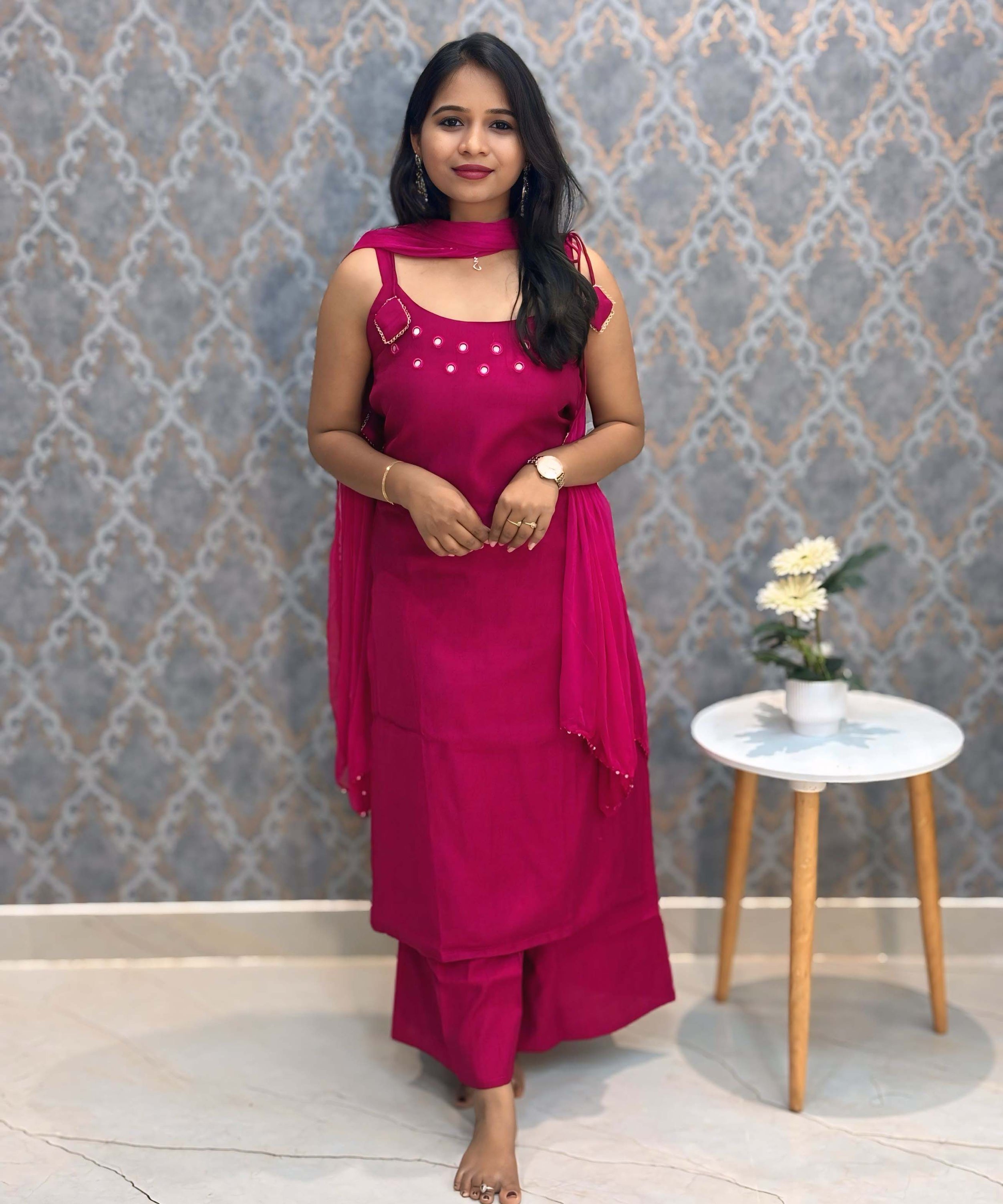 Rani Pink Color Premium Indo-Western Sleeveless 3 Piece Salwar Set / ESS323