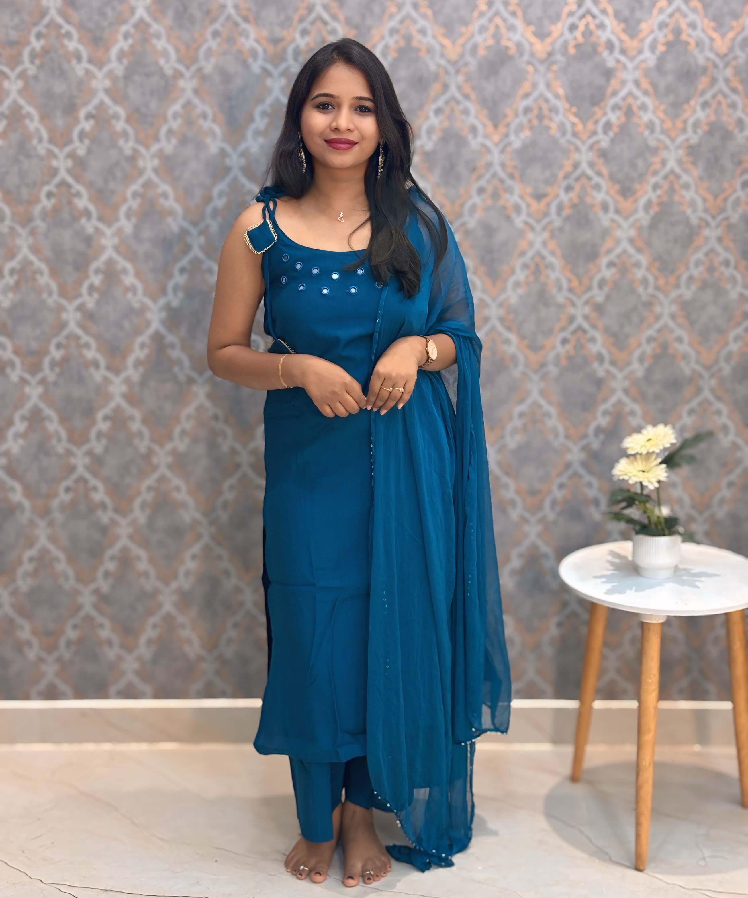 Teal Blue Color Premium Indo-Western Sleeveless 3 Piece Salwar Set / ESS323
