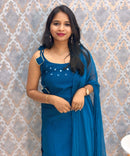 Teal Blue Color Premium Indo-Western Sleeveless 3 Piece Salwar Set / ESS323
