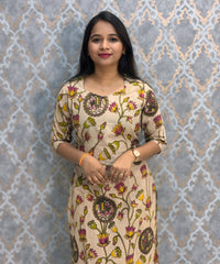 Beige, Pink and Yellow Color Premium Kalamkari Cotton Kurti / LSS223