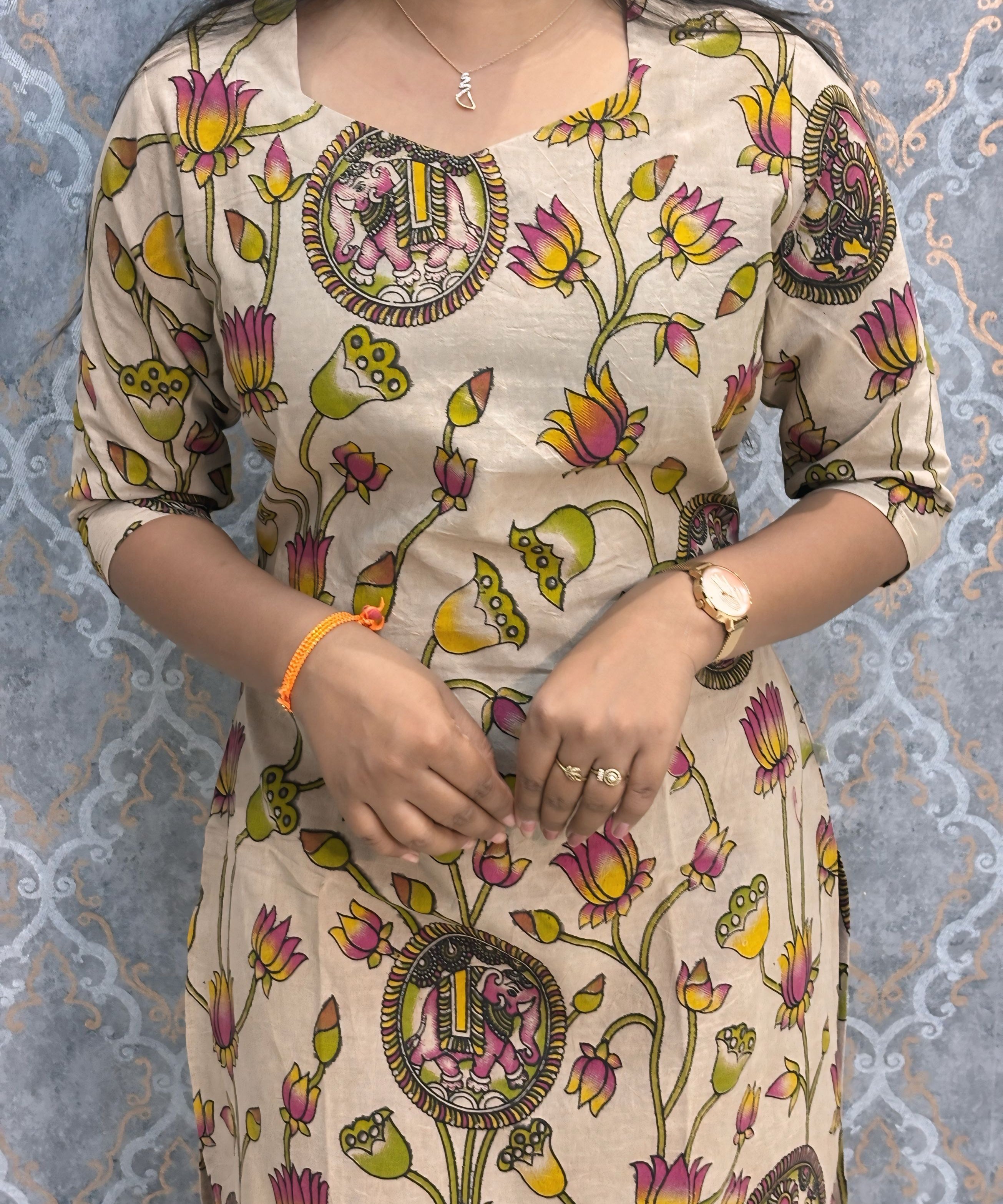 Beige, Pink and Yellow Color Premium Kalamkari Cotton Kurti / LSS223