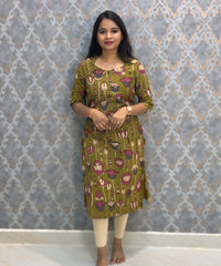 Mehandi Green Color Premium Kalamkari Cotton Kurti / LSS223