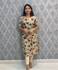Beige and Green Color Premium Kalamkari Cotton Kurti / LSS223
