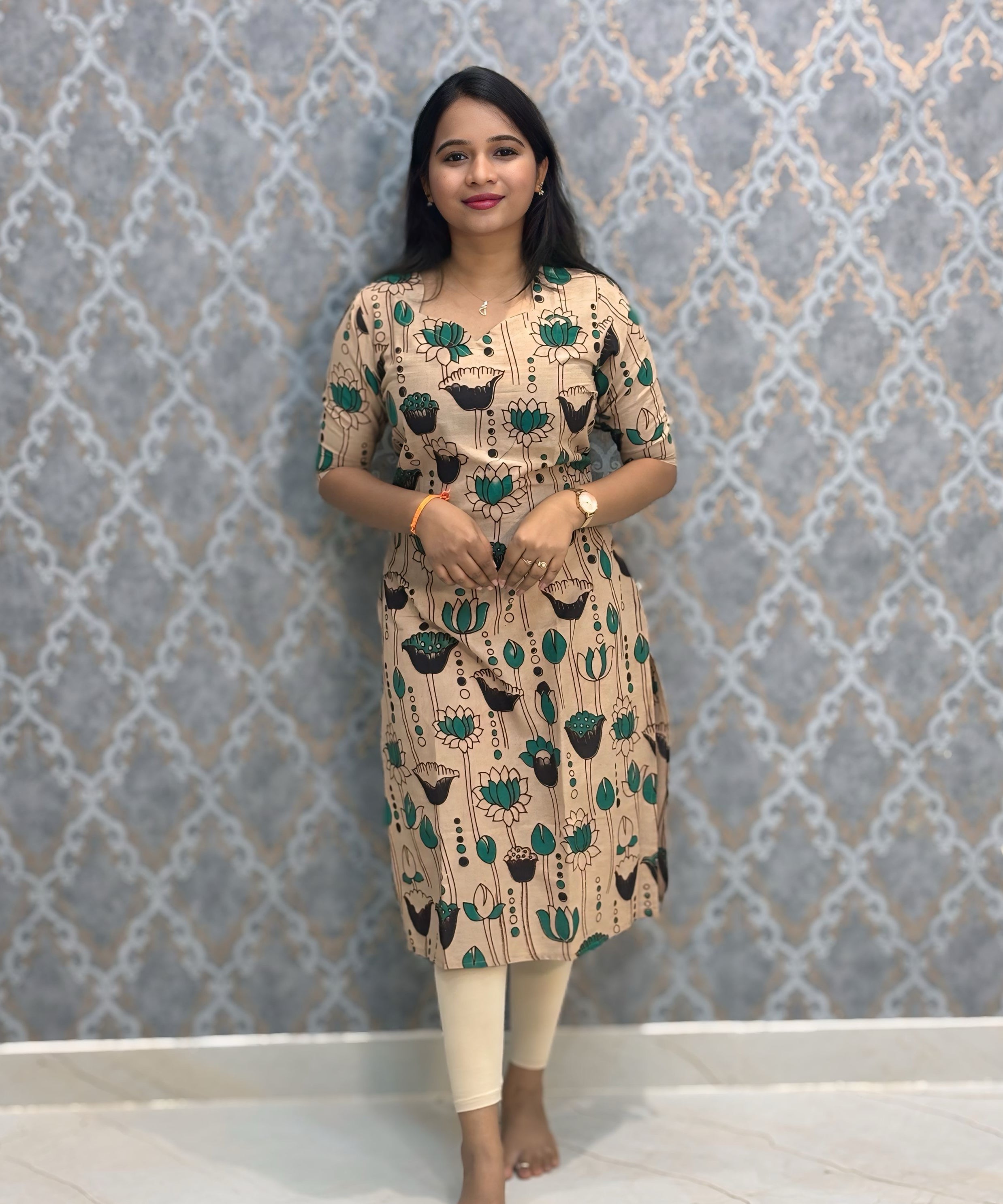 Beige and Green Color Premium Kalamkari Cotton Kurti / LSS223