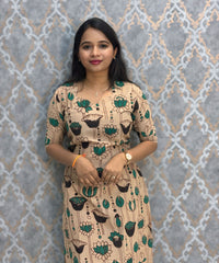 Beige and Green Color Premium Kalamkari Cotton Kurti / LSS223
