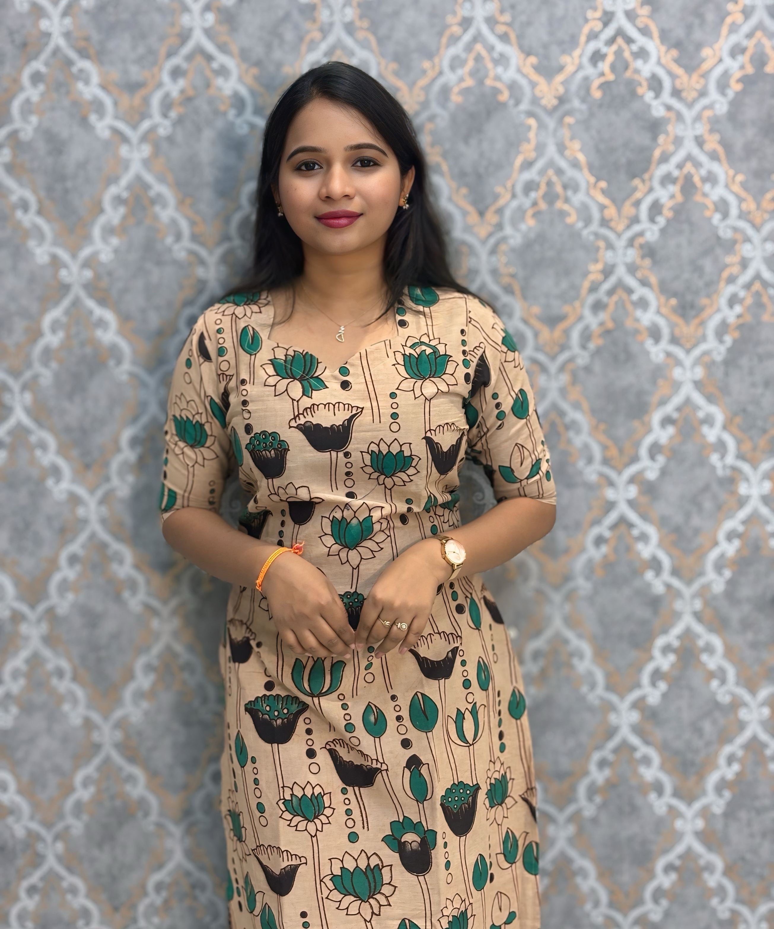 Beige and Green Color Premium Kalamkari Cotton Kurti / LSS223