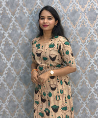 Beige and Green Color Premium Kalamkari Cotton Kurti / LSS223